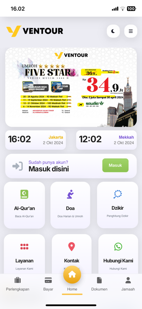 Ventour Mobile - Ventour Mobile app home screen displaying Umrah pilgrimage packages and religious services