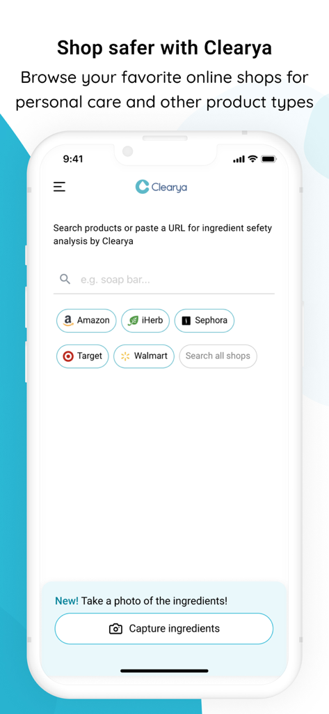 Clearya - The Clearya app interface showing search options for non toxic products at major retailers like Amazon Sephora and Target
