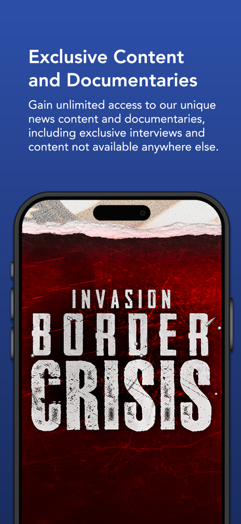 Ein mobiler Bildschirm, der die Newsmax-App mit exklusiven Dokumentationen und Nachrichten zeigt.
