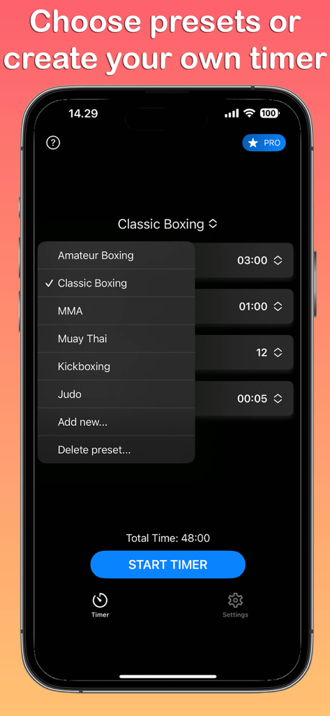 Boxing Timer - Round App - Interfaz de una aplicación móvil que muestra un menú desplegable con ajustes preestablecidos de temporizador para boxeo, MMA y Muay Thai.