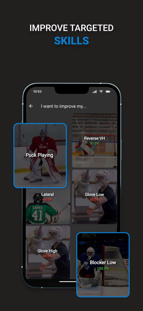 Connect Hockey mobile app screen showing a selection of targeted goalie skills to improve with progress percentages for techniques like puck playing and blocker low.