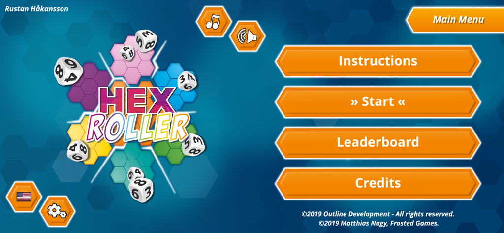 HexRoller - Main menu of HexRoller showing the game logo surrounded by dice and buttons for start instructions and leaderboard