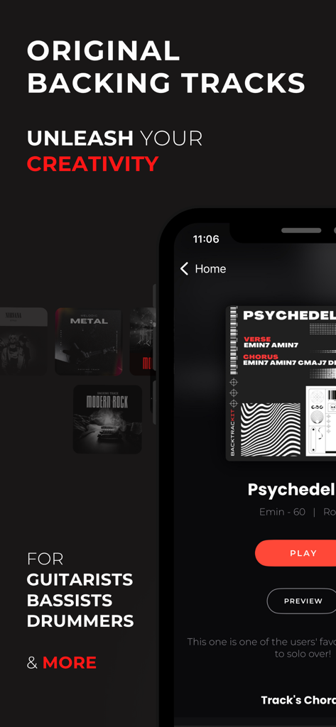 Backtrackit: Musicians Player - Backtrackit app interface showing original backing tracks for guitarists bassists and drummers