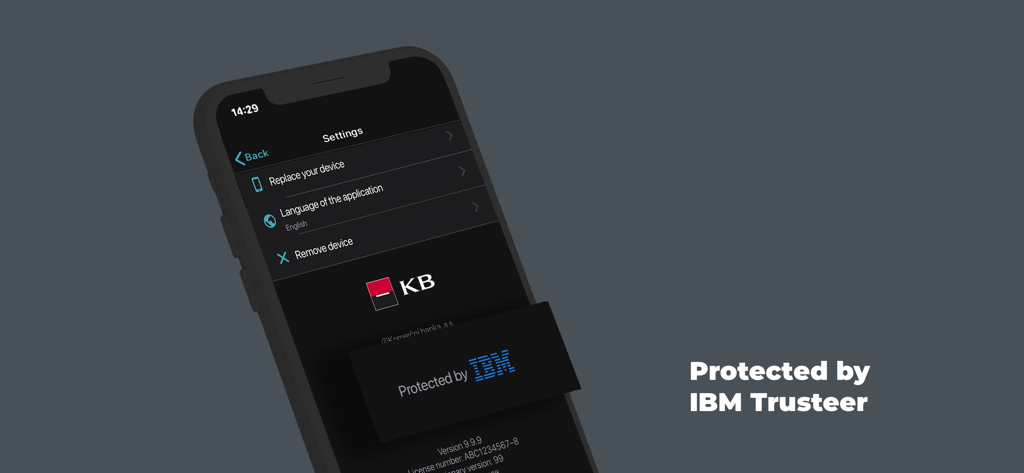 KB Klíč app settings interface showing the Protected by IBM Trusteer security badge
