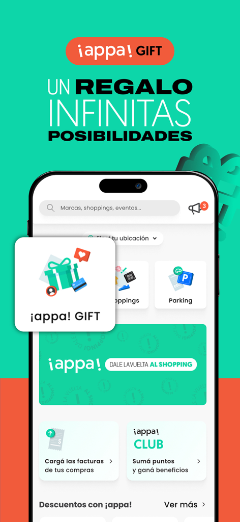 Oberfläche der mobilen App appa, die Einkaufsvorteile und Geschenkfunktionen anzeigt.
