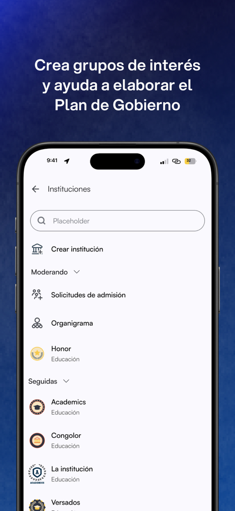 Transforma. - Écran de l'application Transforma montrant la section Institutions pour créer des groupes d'intérêt et collaborer au plan de gouvernement.