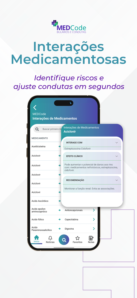 MEDCode – App medicina - Smartphone screen of MEDCode app displaying drug interactions and clinical effects