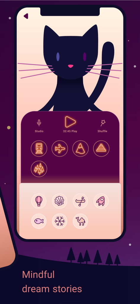 Sleepy - Fall asleep for kids. - Interfaz de la aplicación Sleepy que muestra una ilustración de gato negro e iconos para seleccionar diferentes temas de cuentos para dormir infantiles