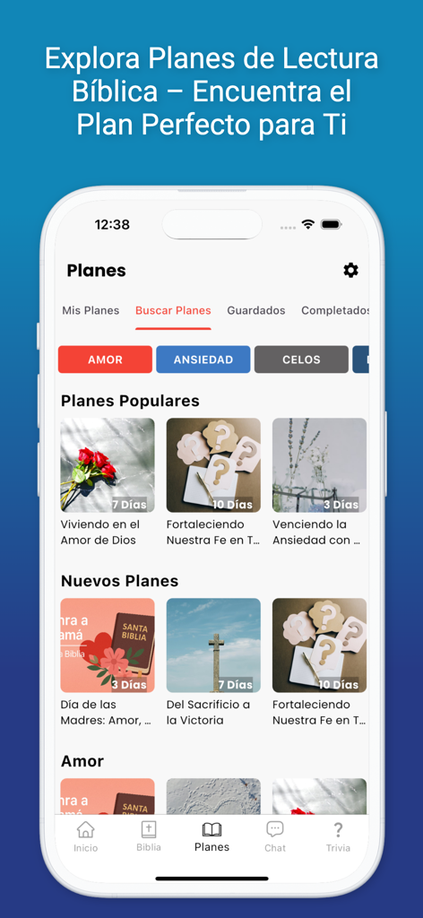 La Biblia Reina Valera 1960 IA - Interface de l'application Bible espagnole montrant divers plans de lecture pour la foi et la croissance personnelle
