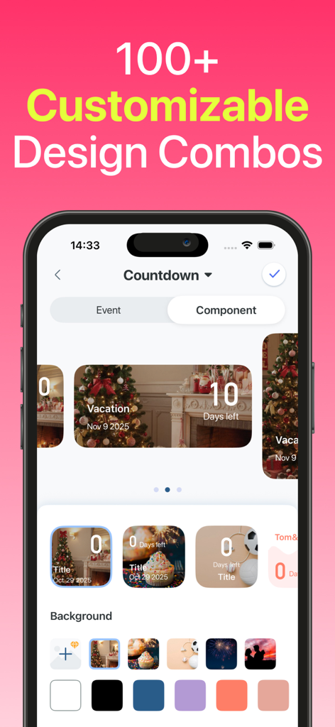 Countdown - Widget & Timer - Una interfaz móvil de la aplicación Countdown que muestra varias plantillas de widgets personalizables y opciones de fondo para el seguimiento de eventos.
