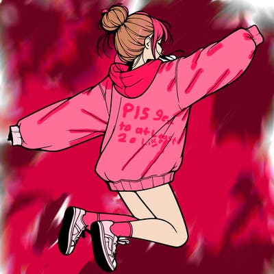 realistic girl jumping with a bun and oversized sweatshirt