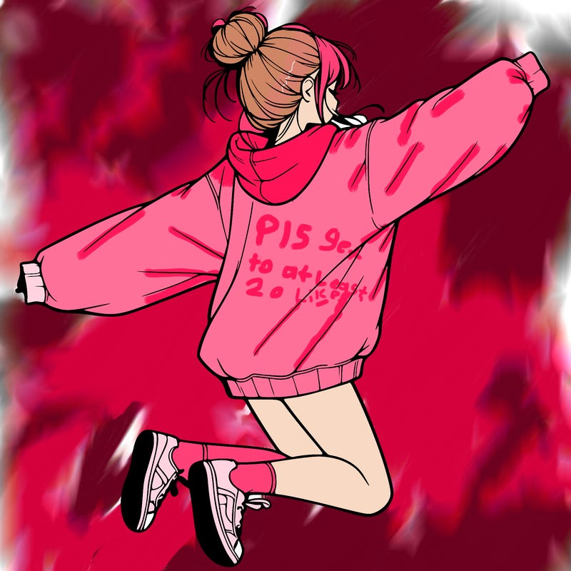 realistic girl jumping with a bun and oversized sweatshirt