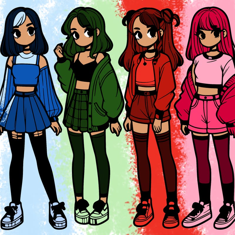 one girl with crop-top shirt and a jacket with a skirt, long socks and another girl with a shirt and pants with a jacket