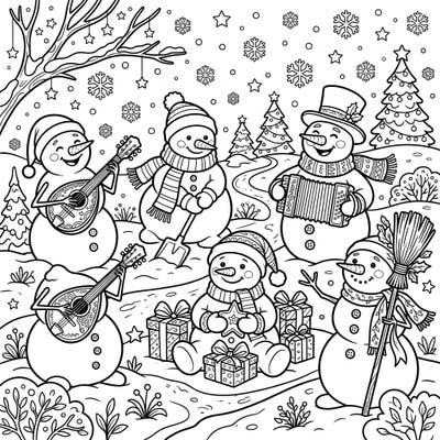 Dive into a delightful winter wonderland with this charming coloring page, featuring a lively group of snowmen engaged in festive activities. From playing musical instruments to opening presents, there's a heartwarming scene waiting for your creative touch.