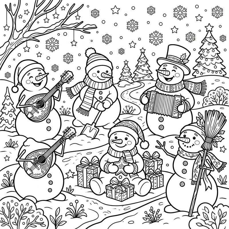 Dive into a delightful winter wonderland with this charming coloring page, featuring a lively group of snowmen engaged in festive activities. From playing musical instruments to opening presents, there's a heartwarming scene waiting for your creative touch.