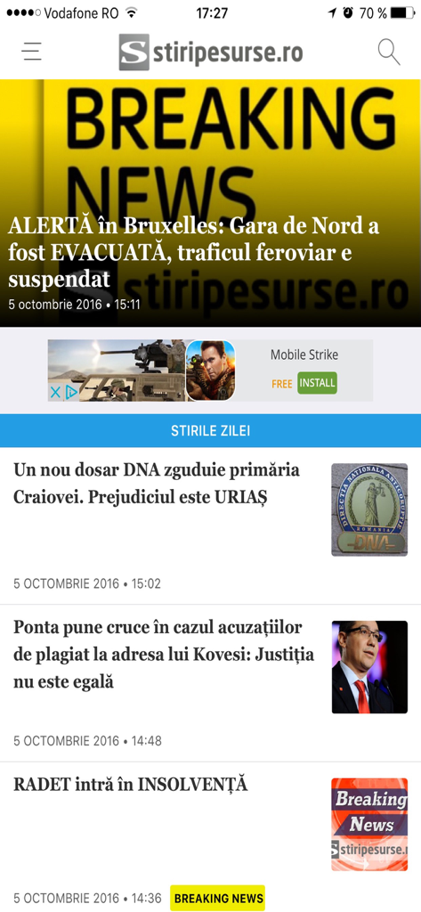 Stiri Pe Surse - Interface of the Stiri Pe Surse news app showing breaking news headlines and daily articles in Romanian