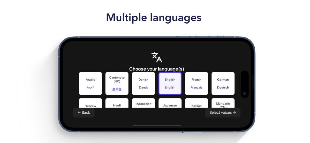 Flexspeak AAC - Flexspeak AAC mobile interface showing a variety of language options for selection including English French and Mandarin