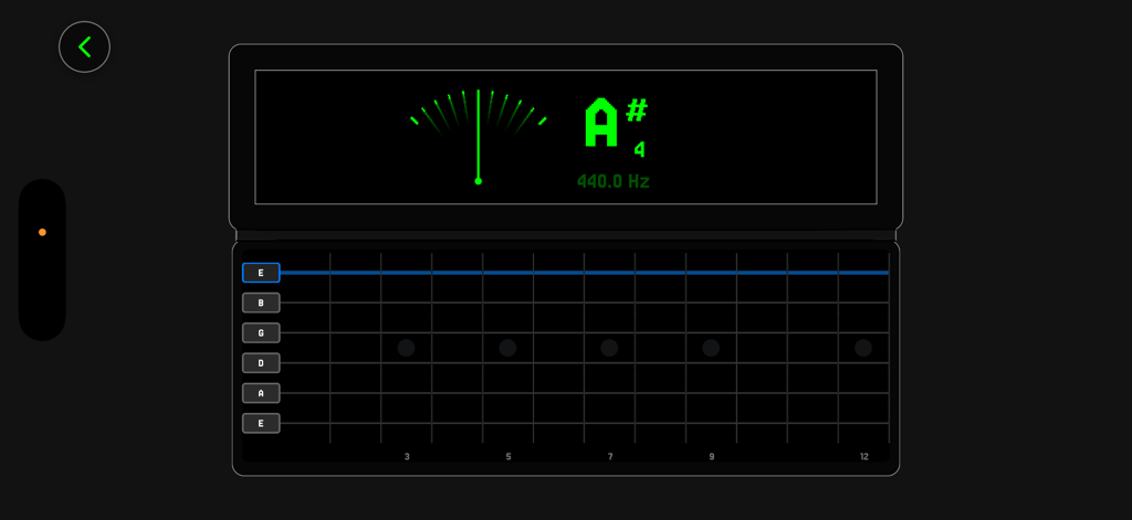 Guitar Machines! - Interface of the Guitar Machines app showing a digital tuner displaying A sharp and a visual guitar fretboard reference
