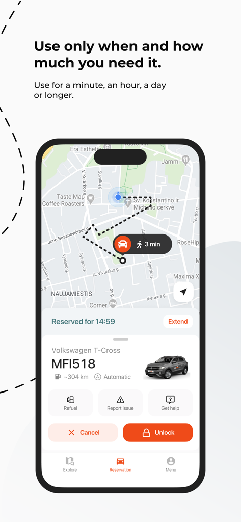 CityBee shared mobility - CityBee App-Oberfläche, die eine Karte mit einer Autoreservierung für einen Volkswagen T-Cross und eine Entriegelungstaste zeigt.