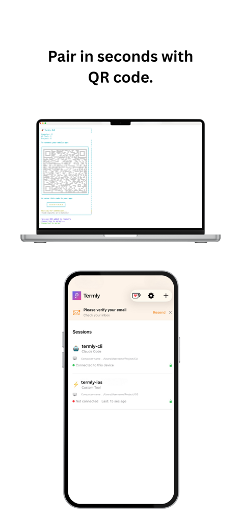 Termly - Tela de um laptop mostrando um código QR para emparelhamento rápido com o aplicativo Termly em um iPhone para sincronizar fluxos de trabalho de codificação com IA.