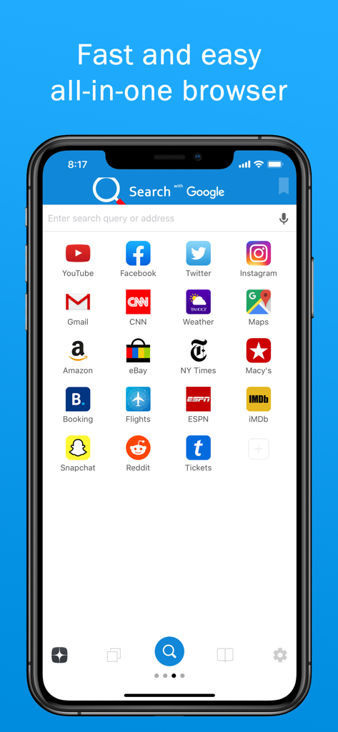 YouTubeやAmazonなどの人気ウェブサイトへのクイックアクセスアイコンのグリッドと検索バーを備えたスマート検索アプリのホーム画面