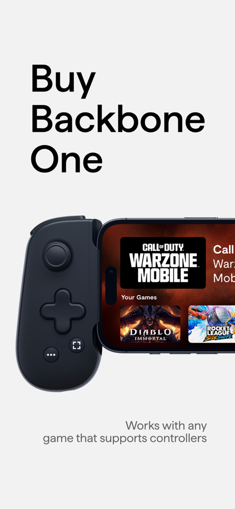 A Backbone One mobile gaming controller attached to a smartphone displaying a library of supported games like Call of Duty Warzone Mobile and Diablo Immortal.