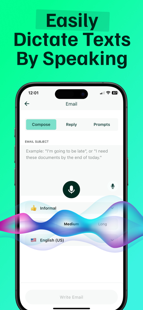 Texting AI Message Generator - Mobile app screen showing the voice dictation feature for AI message generation and email writing