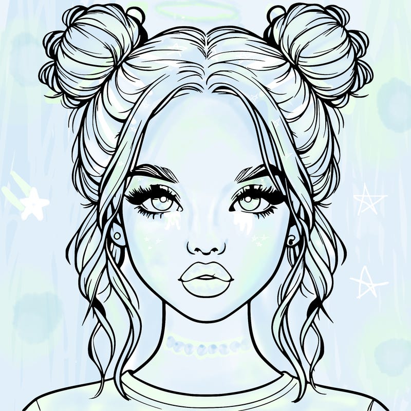 realistic girl with two buns in hair and lips