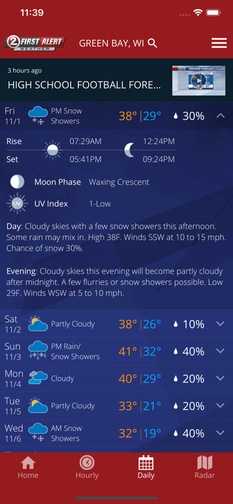 WBAY First Alert Weather - WBAY First Alert Weather app displaying a daily forecast for Green Bay Wisconsin with snow showers and a 6-day outlook.