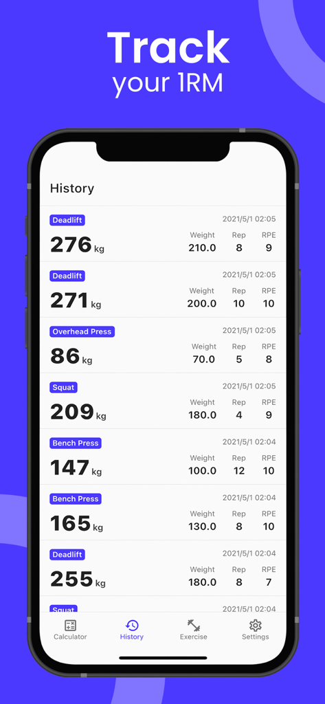 Screenshot of the 1RM Calculator app history screen showing a log of calculated one rep maxes for deadlift squat and bench press