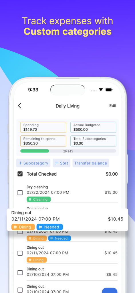 Écran mobile d'iSaveMoneyGo montrant le suivi des dépenses quotidiennes avec des catégories personnalisées et une barre de progression budgétaire.