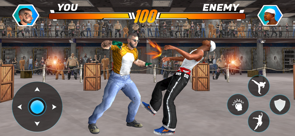 Gangster Game City Crime Sim - Escena de lucha en una arena clandestina en Gangster Game City Crime Sim mostrando la interfaz de combate y las barras de salud