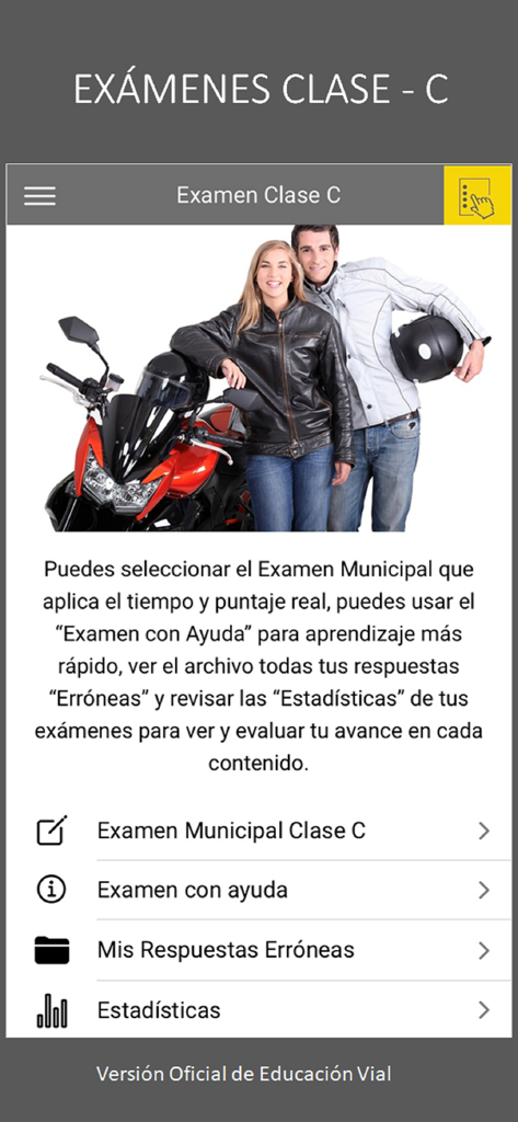 Educación Vial - Schermata dell'app mobile per la preparazione dell'esame di patente di guida per motociclisti in Cile che mostra le opzioni del menu