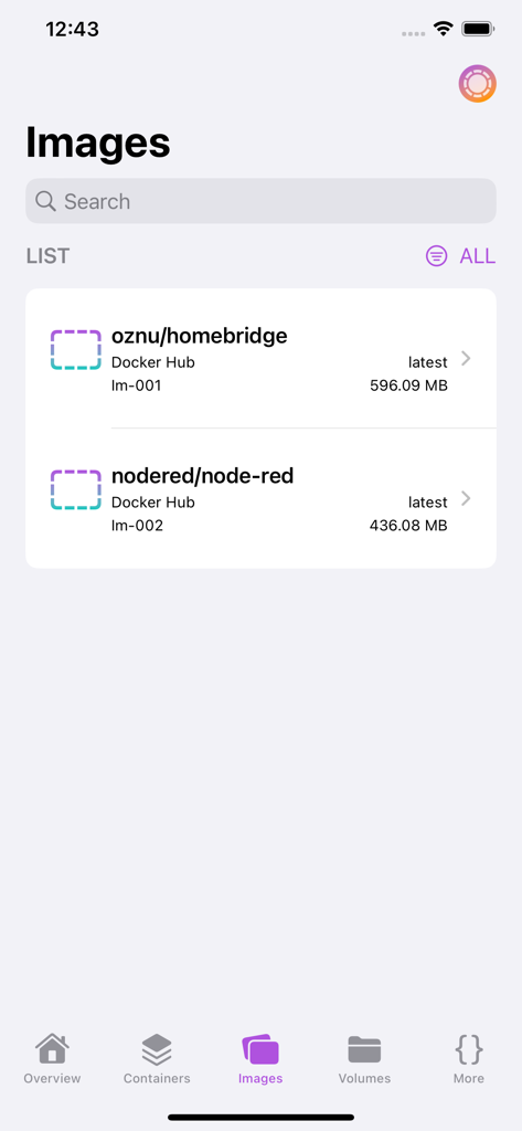 List of Docker images in the Container Manager app showing homebridge and node-red