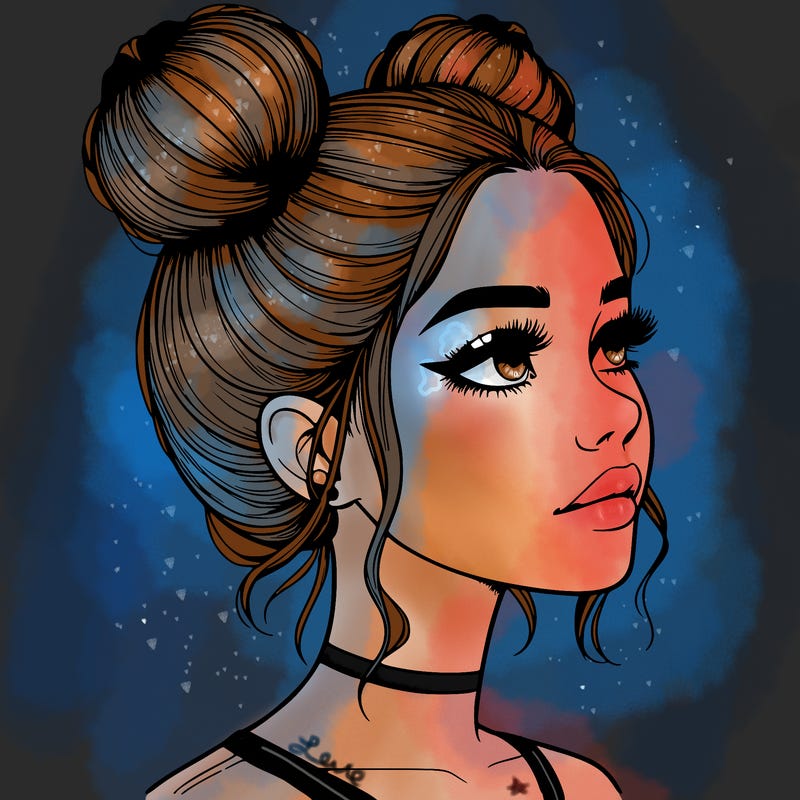 realistic girl with buns on the top of her head