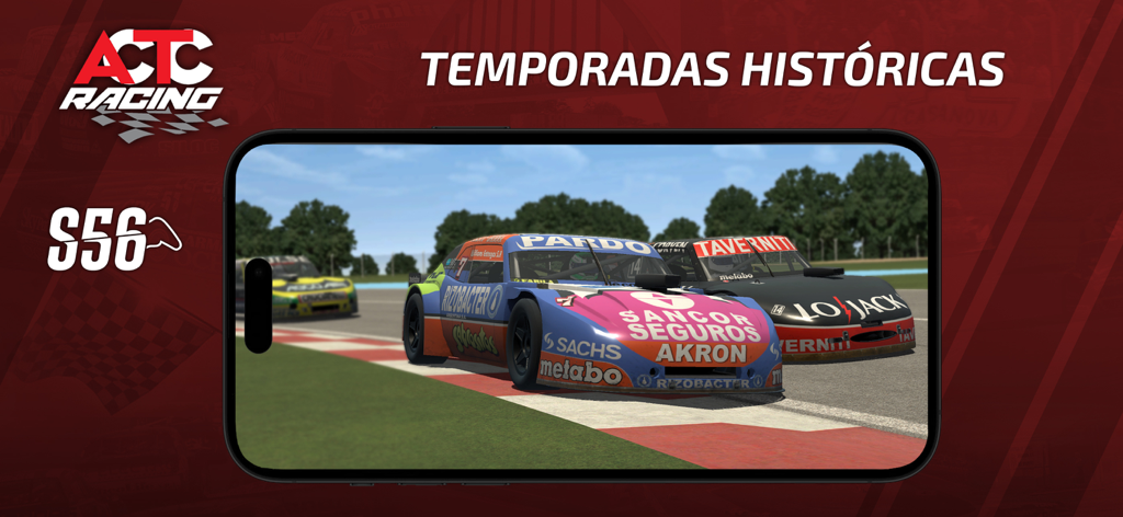 Captura de pantalla de jugabilidad del simulador móvil ACTC Racing con autos históricos de Turismo Carretera en una pista.