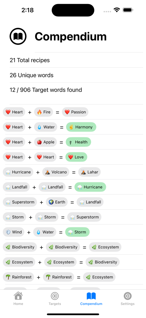 Context Craft - Una lista de combinaciones de palabras descubiertas y estadísticas del jugador en la pantalla del compendio de la aplicación Context Craft.