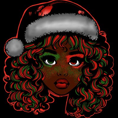 realistic girl with a santa hat curly hair and lips
