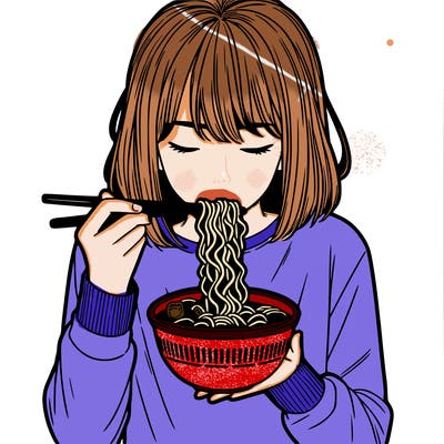 a girl realistic eating ramen noodles