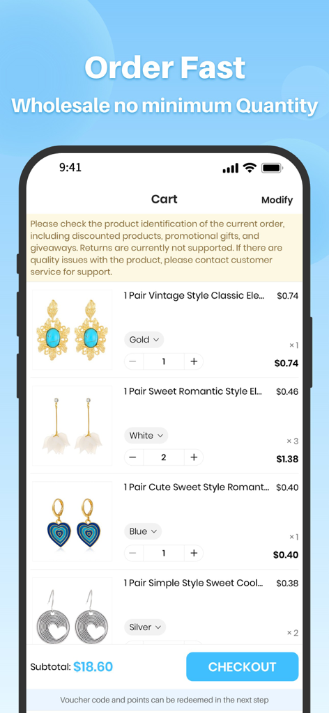 SHINE-BUY mobile app shopping cart showing wholesale jewelry items and a checkout button