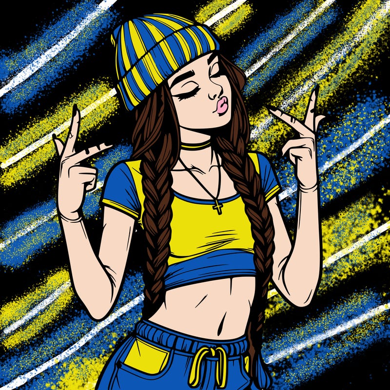 realistic teenage girl with braids and a beanie and crop top doing 🫶🏼