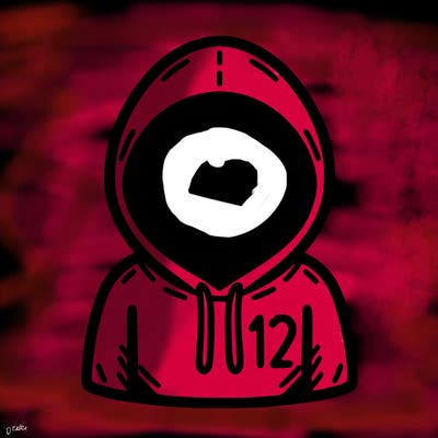 a person with non face waering a hoodie with a small 132 symbol