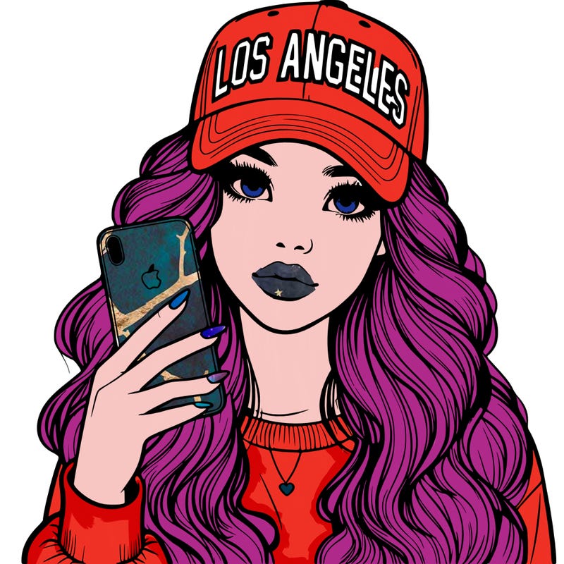 realistic beautiful girl wearing los ángeles cap holding an iphone