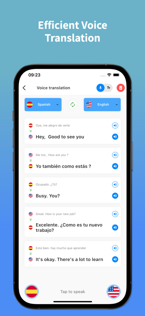 Spanish Translator - EsGot - Bildschirm der mobilen App zeigt ein Zwei-Wege-Gespräch zur Spanisch-Englisch-Sprachübersetzung.