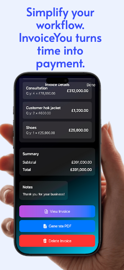 Invoice details screen on a mobile phone showing itemized billing and PDF generation buttons