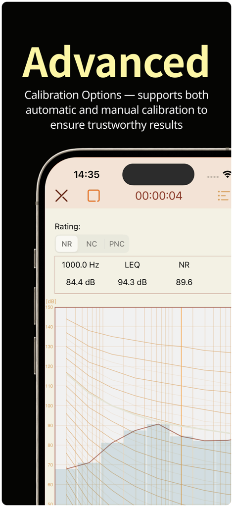 NoiseLab: Noise Meter,SLM,dB - Interface do aplicativo NoiseLab mostrando opções avançadas de calibração e análise de frequência de ruído