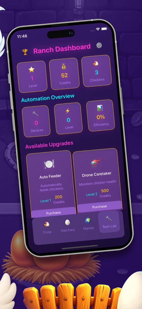 Nest Stories: Windward Path - Ranch dashboard interface showing chicken farm stats and automation upgrades