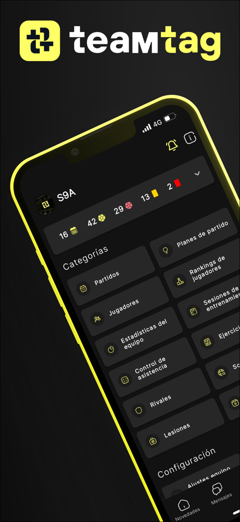 O painel do aplicativo de gerenciamento de futebol Teamtag exibindo recursos como estatísticas de jogadores, planos de partida e sessões de treinamento.
