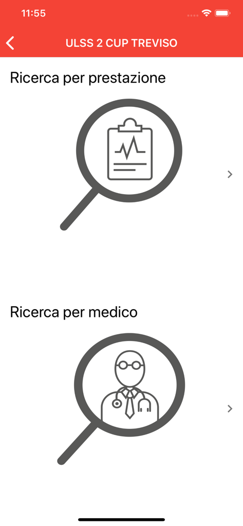 Screenshot dell'app ULSS 2 CUP TREVISO che mostra le opzioni per cercare appuntamenti medici per servizio o per medico