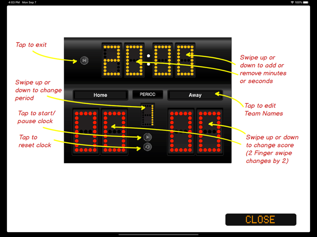JD Sports Scoreboard - A tutorial screen for the JD Sports Scoreboard app on iPad showing instructions for touch gestures to control the timer and scores
